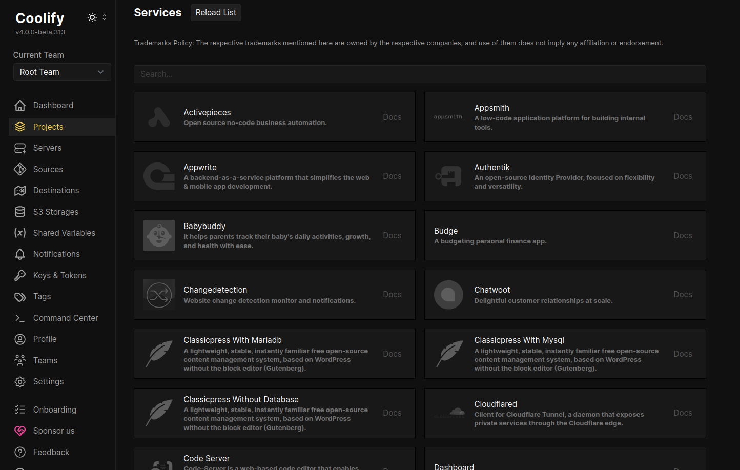 Coolify pre-configured container services